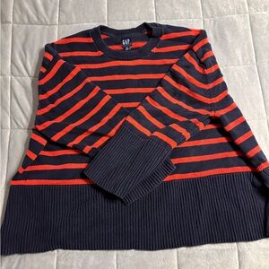 GAP Men's Crewneck Sweater - Dark Blue and Bright Red Stripes